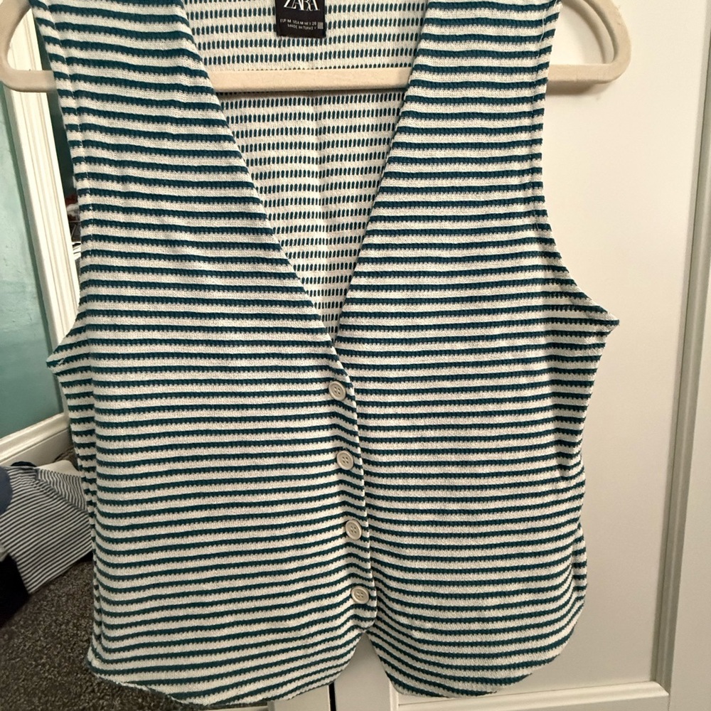Zara Green and White Striped Button-Up Blouse
